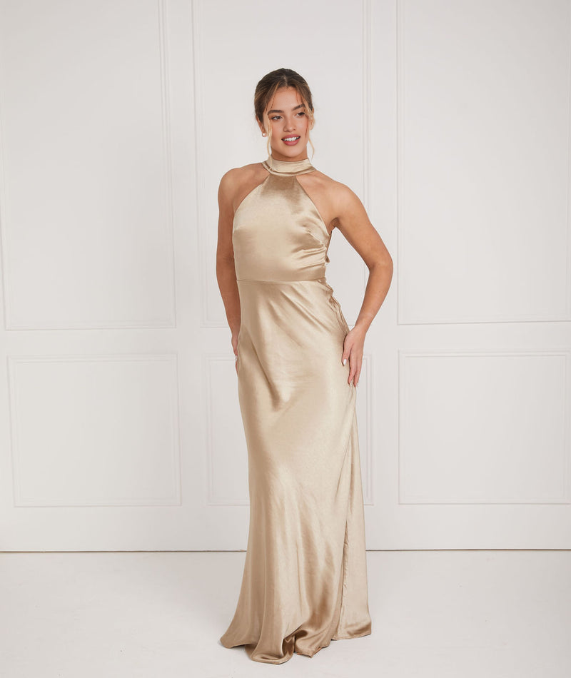 Halter Neck Satin Bridesmaid Dress Satin Column Gown with Keyhole Cutout Bohemian Wedding Evening Gown