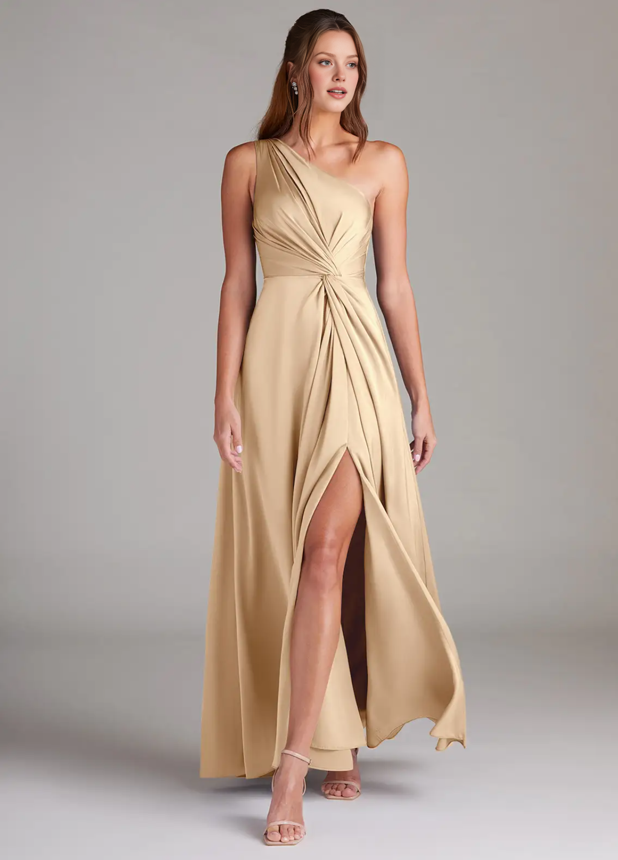 Elegant One-Shoulder Satin Evening Gown Party Wedding Guest Dresses with High Slit and Draped Waist Detail