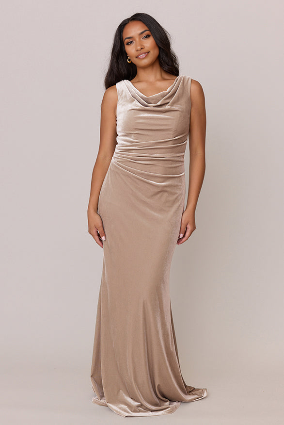 Mermaid Fall and Winter Elegant Velvet Plunging Neckline Bridesmaid Dress Floor length Keyhole Back Button Detail Evening Gown