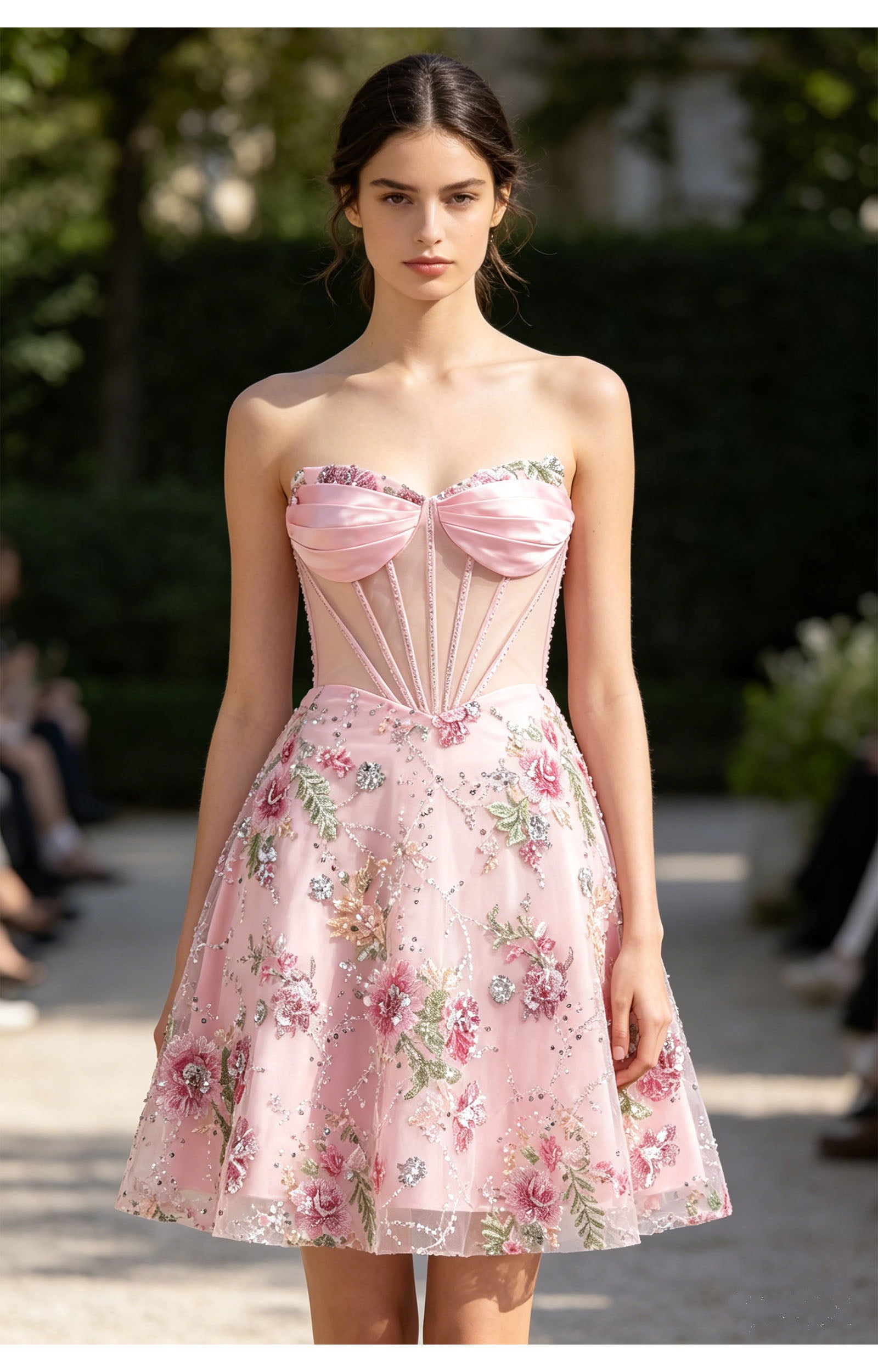 Charming A-Line Strapless Tulle Short Floral Corset Homecoming Dress