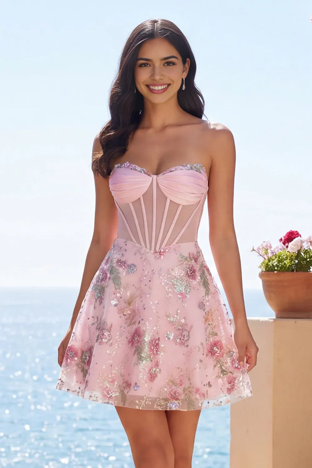 Charming A-Line Strapless Tulle Short Floral Corset Homecoming Dress