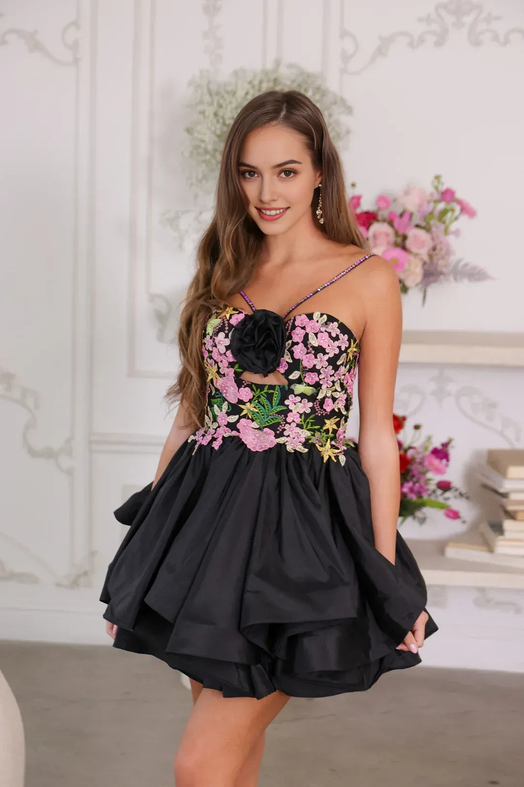 Charming A-Line Sweetheart Sleeveless Satin Mini Floral-Embroidered Tiered Homecoming Dress