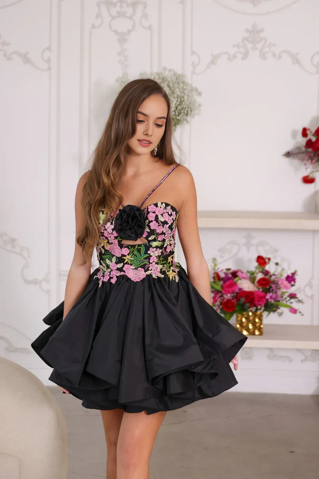 Charming A-Line Sweetheart Sleeveless Satin Mini Floral-Embroidered Tiered Homecoming Dress
