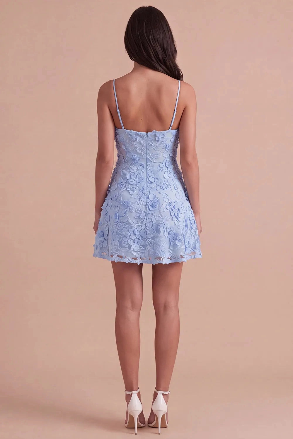 Vedress light blue 3D floral lace homecoming dress, spaghetti strap sweetheart neckline, low open back, a‑line short cocktail dress for women