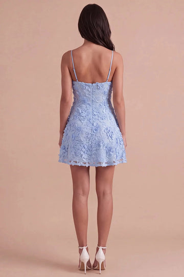 Vedress light blue 3D floral lace homecoming dress, spaghetti strap sweetheart neckline, low open back, a‑line short cocktail dress for women