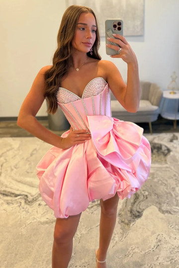 Charming A-line Sweetheart Sleeveless Satin Short Rhinestone Bow Bubble-hem Homecoming Dress