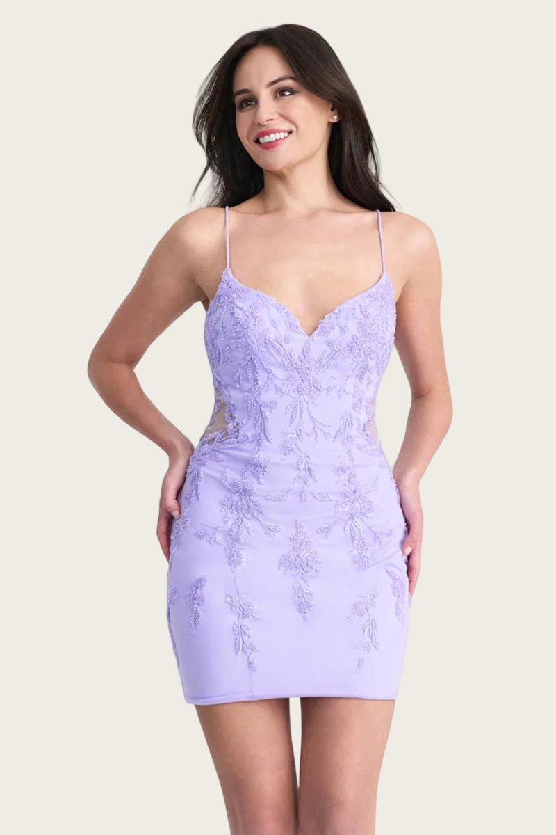 Charming Bodycon Sweetheart Sleeveless Appliqued Homecoming Dress Mini Lace-Up Backless Party Dress