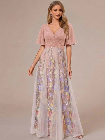 vedress dusty pink a line mother of the bride dress v neck flutter sleeve colorful floral tulle gown
