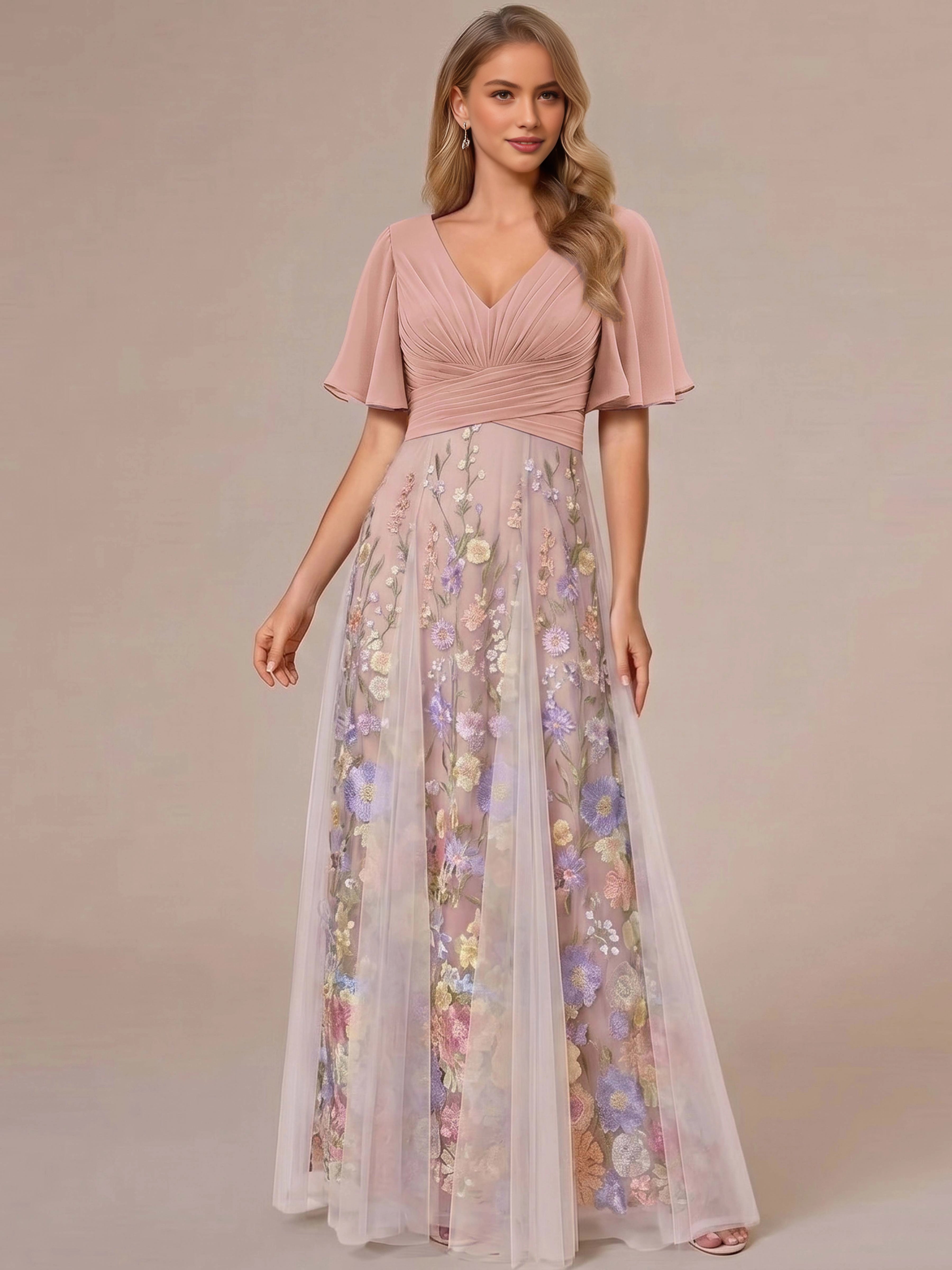 vedress dusty pink a line mother of the bride dress v neck flutter sleeve colorful floral tulle gown