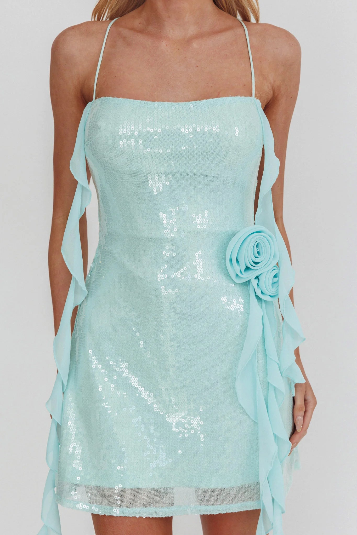 Charming Ruffled Spaghetti Strap Sleeveless Sequin Homecoming Dress Mini Cocktail Dress With Rosage