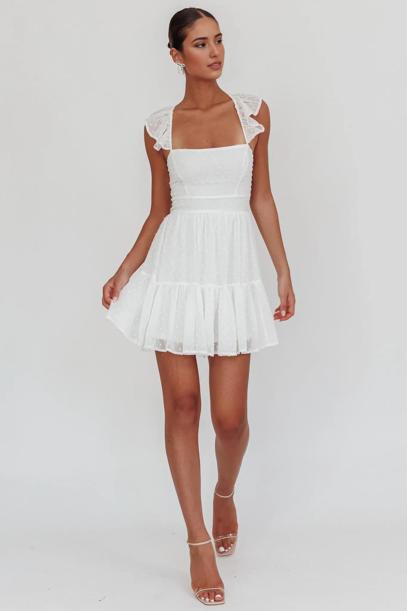 Charming Tiered Square Neck Ruffle Sleeve Swiss Dot Homecoming Dress