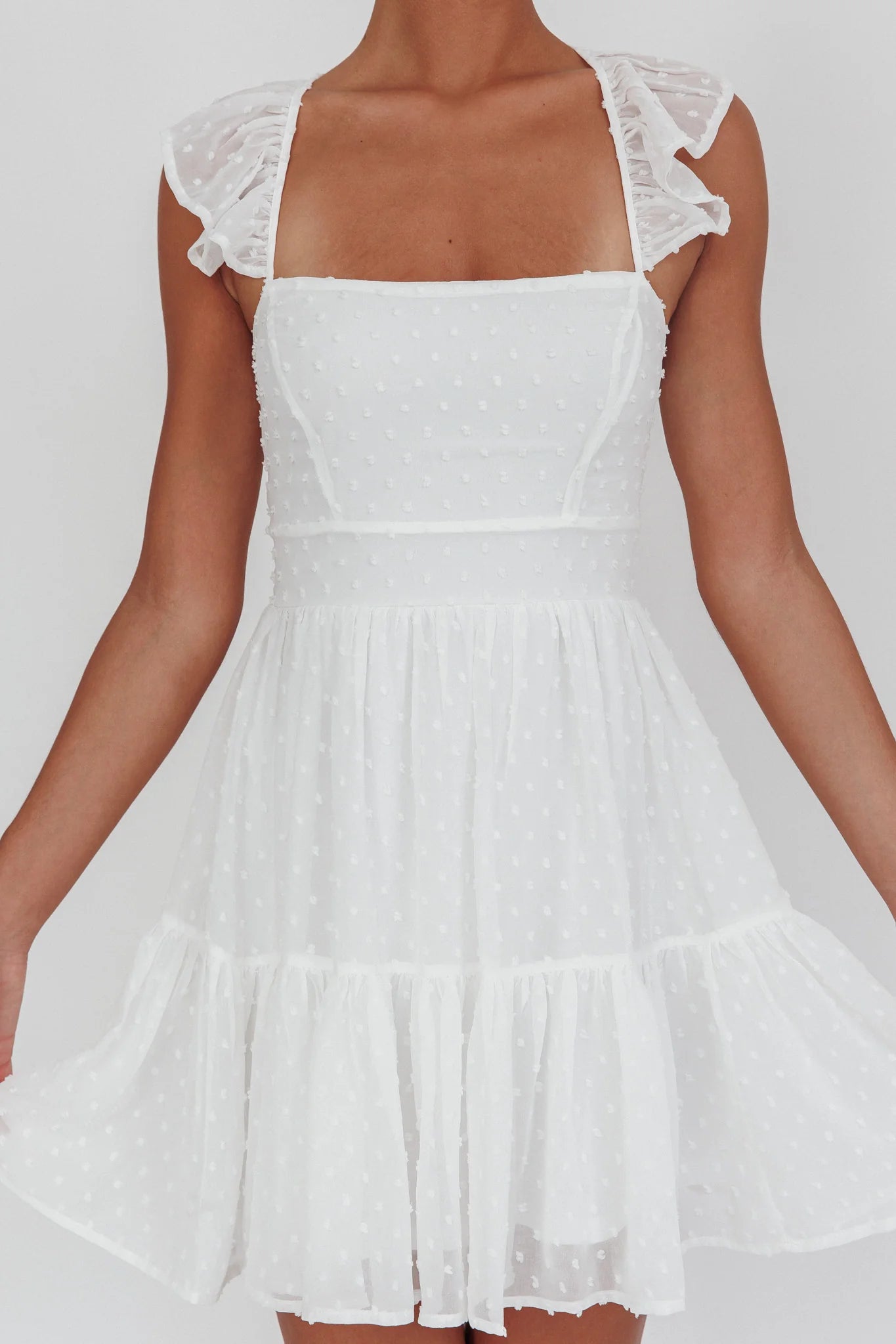 Charming Tiered Square Neck Ruffle Sleeve Swiss Dot Homecoming Dress