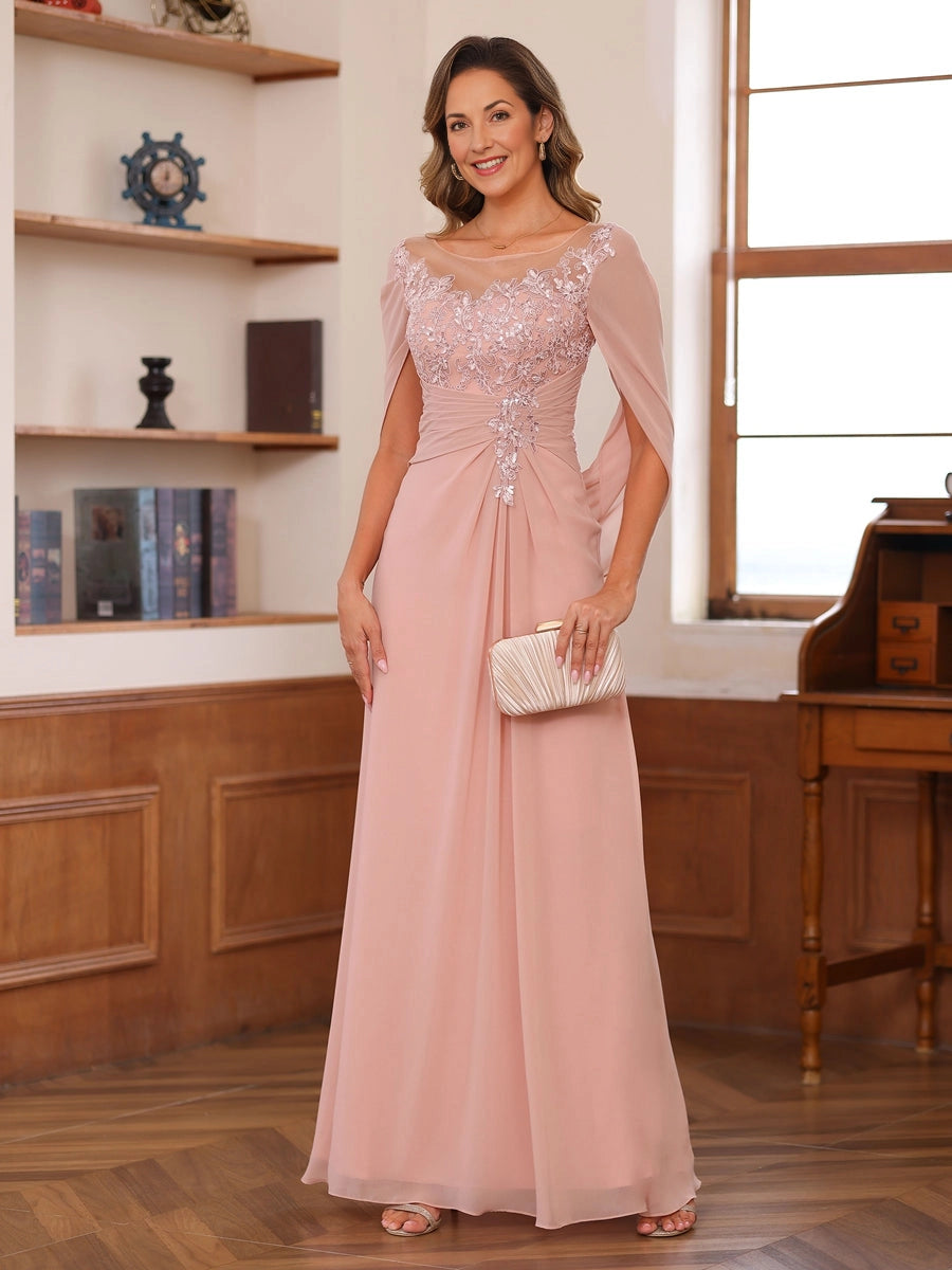 Vedress blush chiffon lace illusion neck cape sleeve a‑line mother of the bride dress