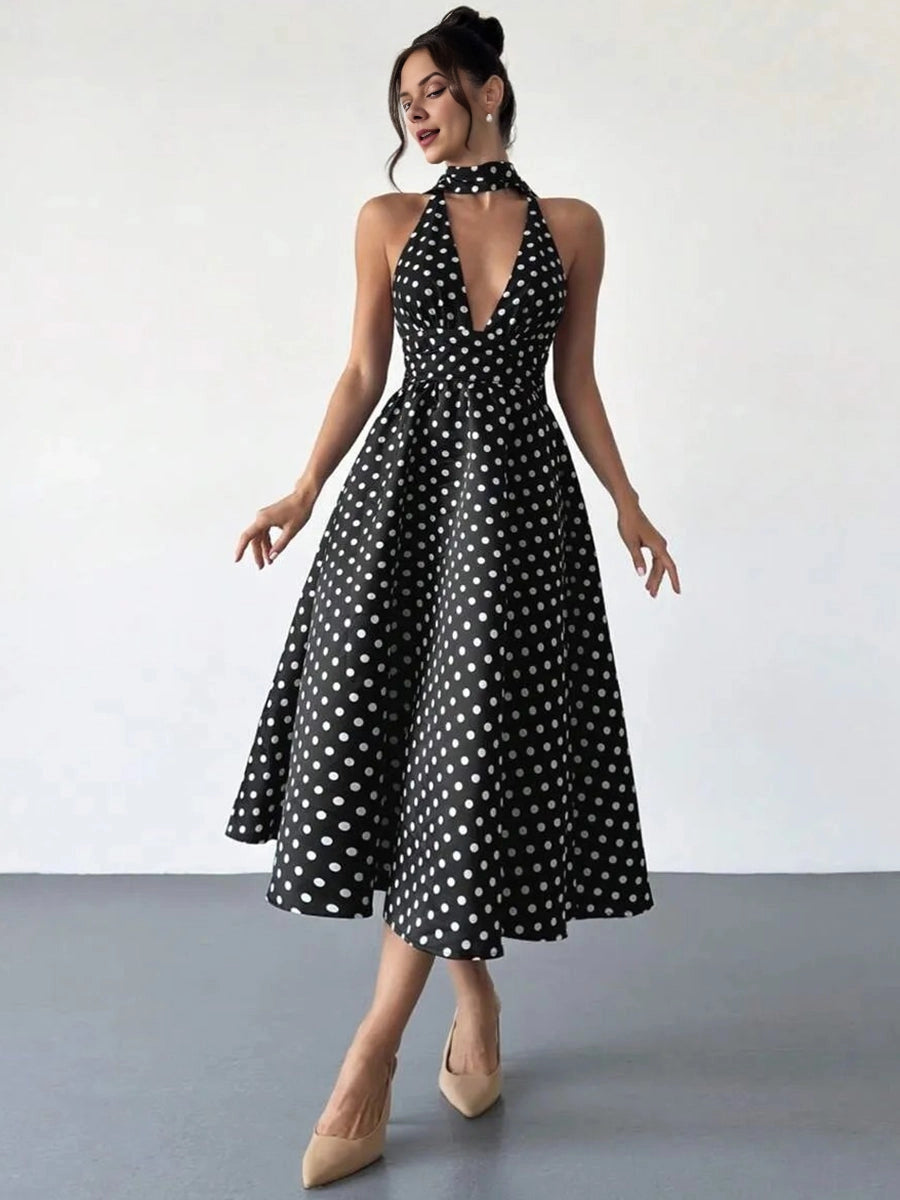 vedress black white polka dot plus size prom dress halter deep v sleeveless a line midi gown