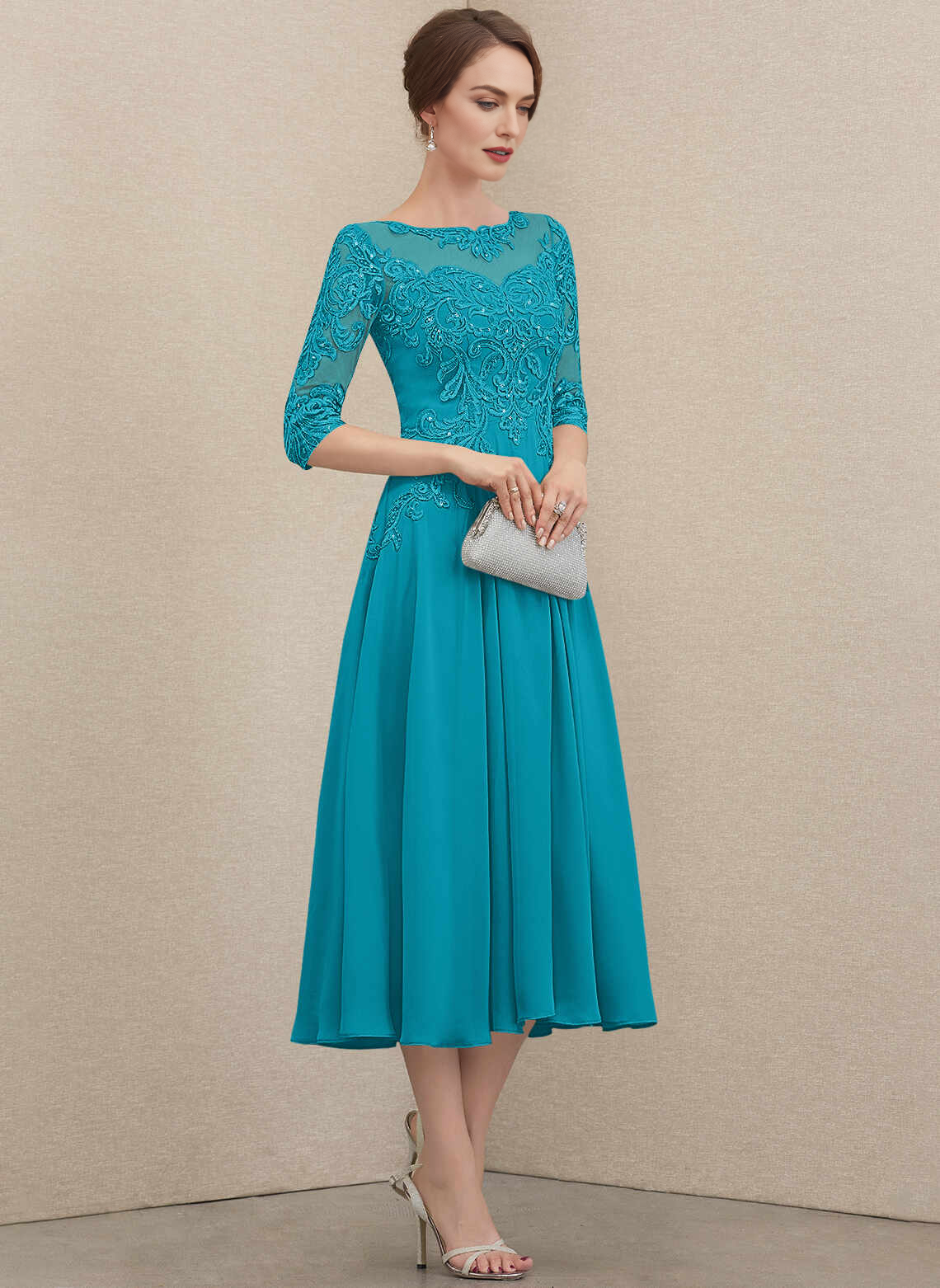 Vedress Teal Illusion Neck Sequin Lace Midi Mother Dress Front View