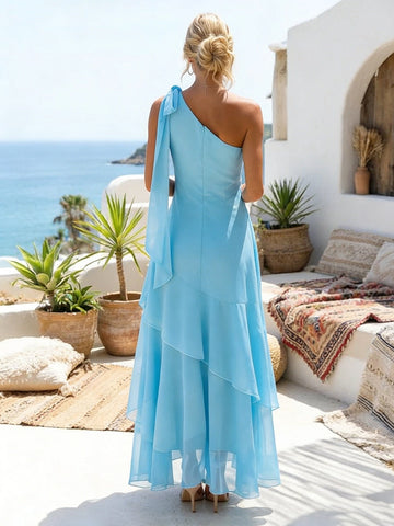 Back view bright blue one‑strap bridesmaid maxi dress,long ribbon bow strap and invisible centre‑back zipper