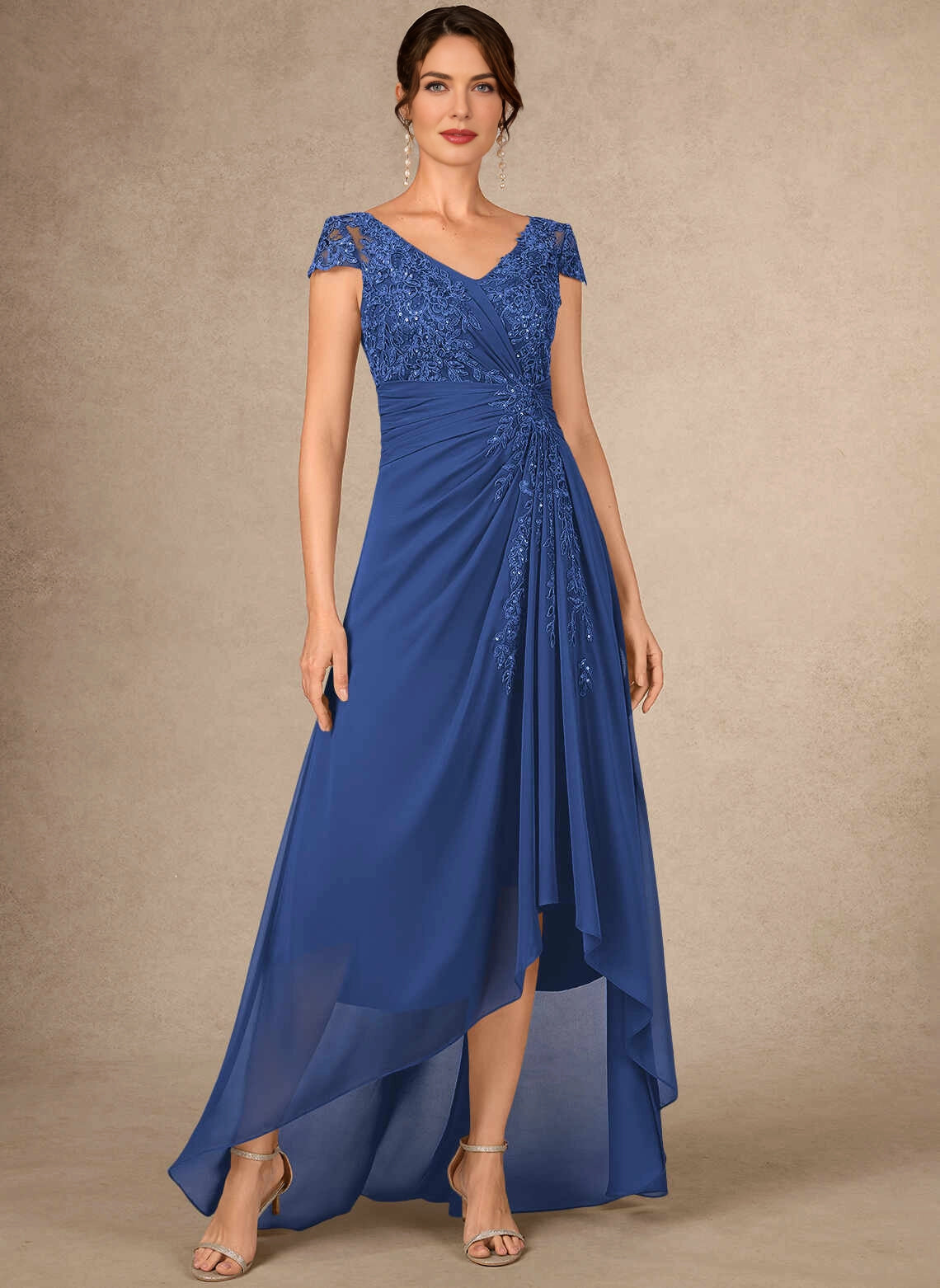 Vedress Royal Blue V‑Neck Cap Sleeve Lace Mother Dress Front View