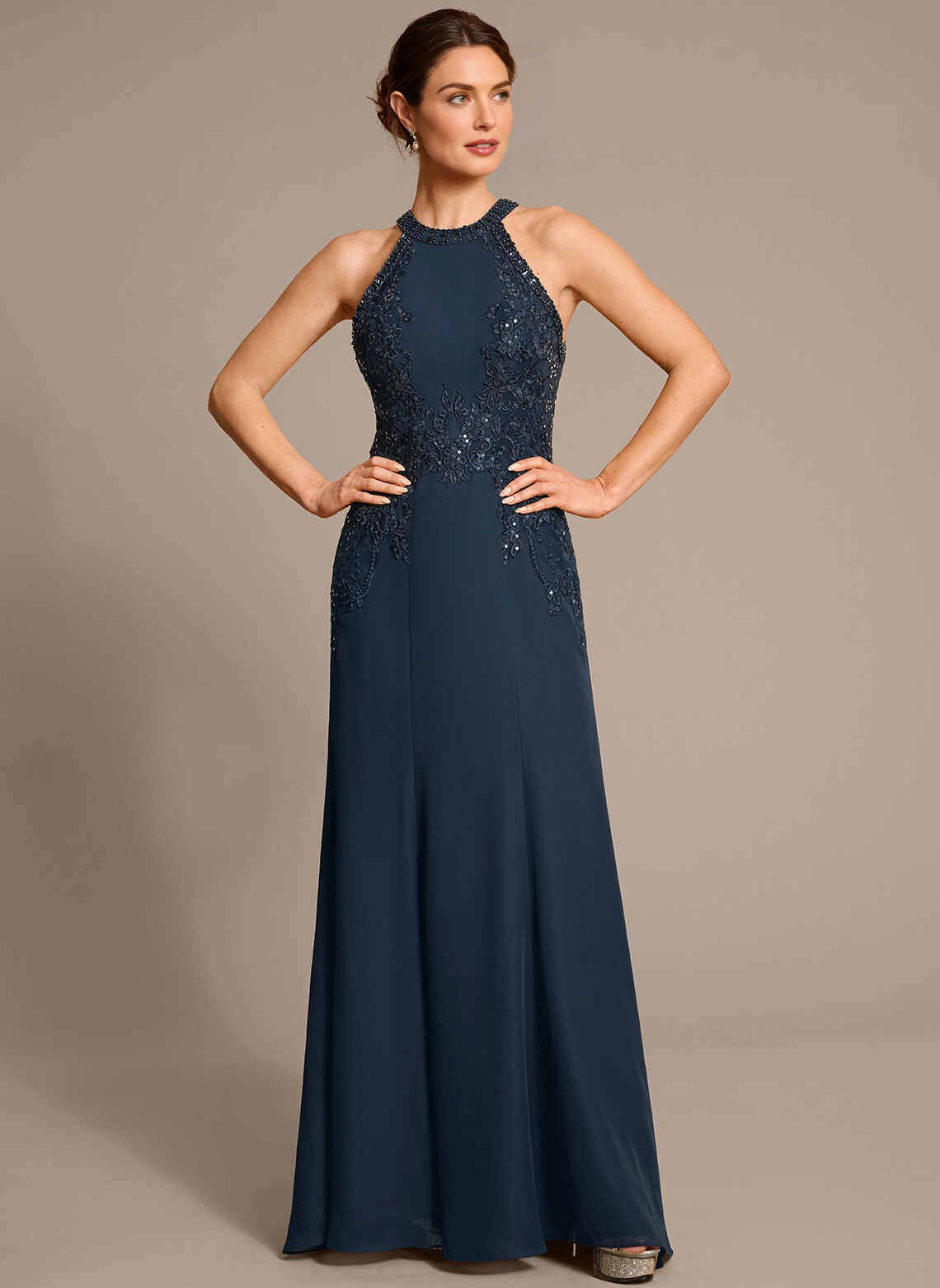 Vedress Navy Halter Sleeveless Lace Mermaid Mother Dress Front View