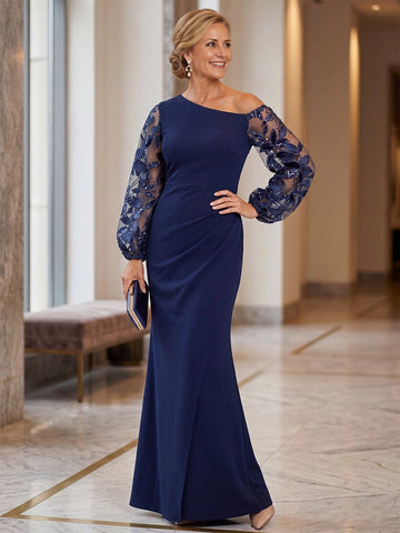 Vedress Navy Mermaid One‑Shoulder Sheer Floral Lace Long Sleeve Mother Of The Bride Dress Front View