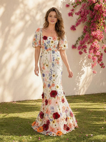 Vedress white tulle colourful 3D floral puff sleeve square neck mermaid wedding dress