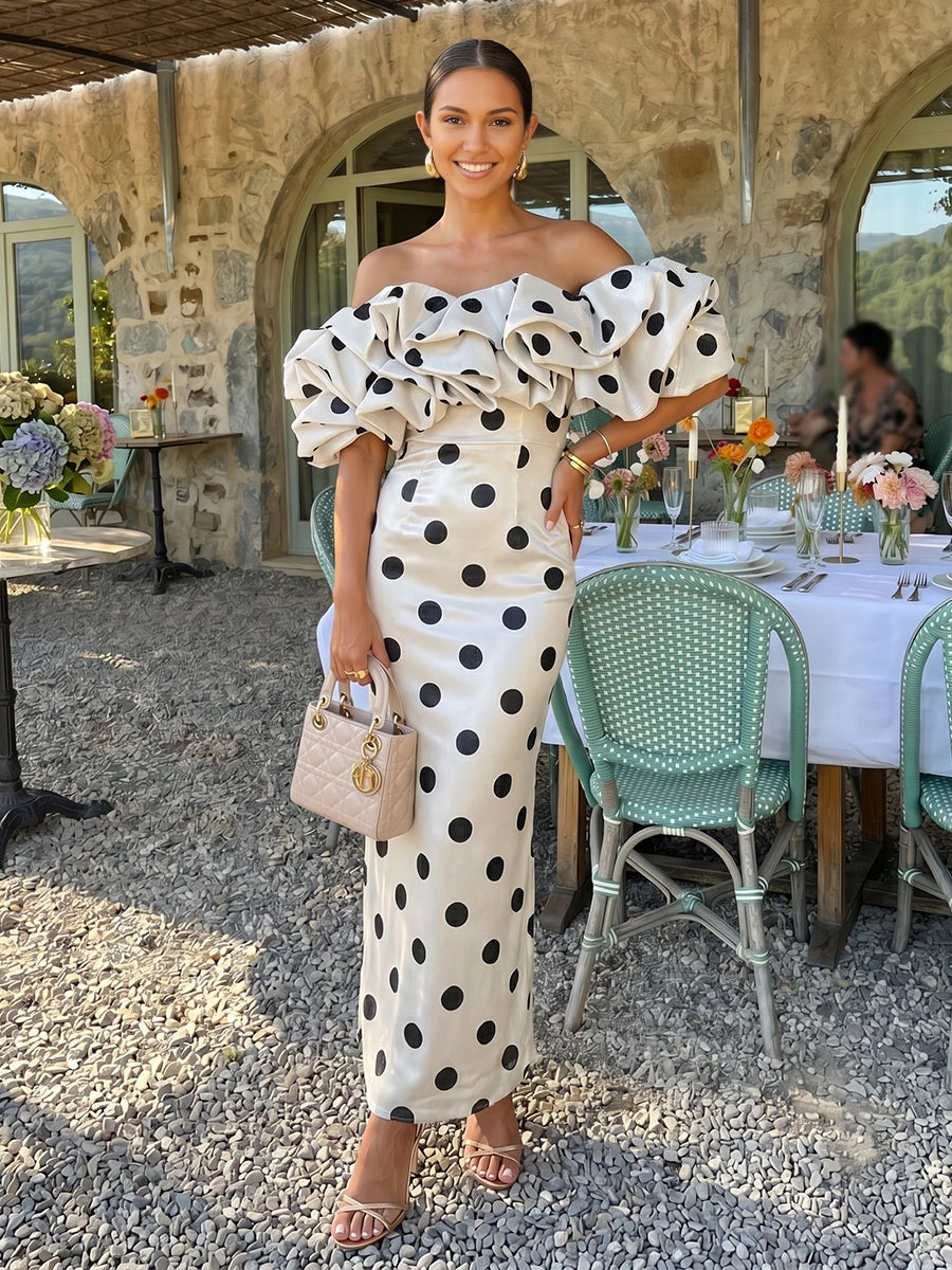 vedress polka dot plus size wedding guest dress off shoulder ruffle sheath long formal gown