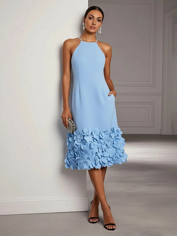 vedress light blue halter midi wedding guest dress h line sleeveless 3d flower hem gown with pockets
