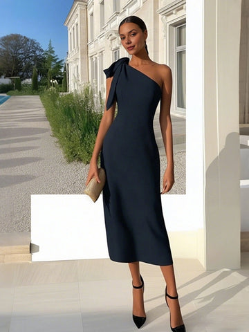 vedress navy plus size wedding guest dress one shoulder bow sleeveless sheath midi formal gown
