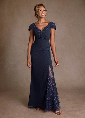 Elegant Sheath V Neck Chiffon Maxi Dress Sequin Lace Mother of the Bride Dress