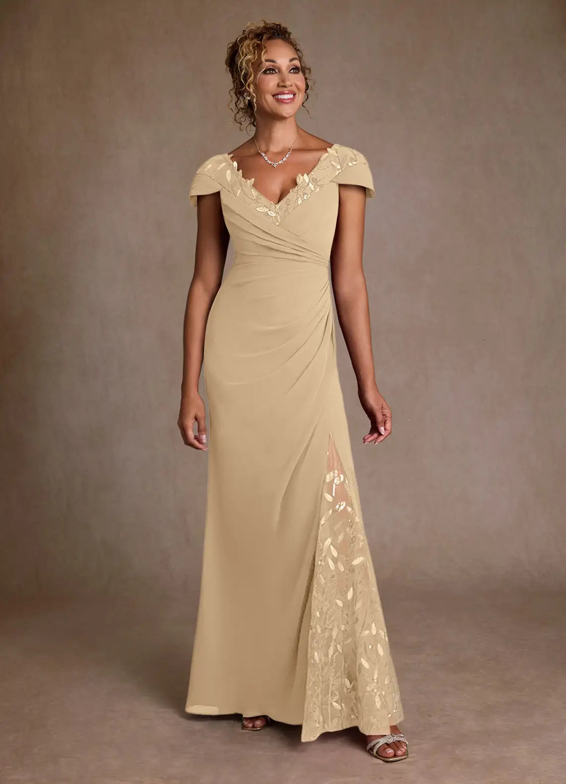 Elegant Sheath V Neck Chiffon Maxi Dress Sequin Lace Mother of the Bride Dress