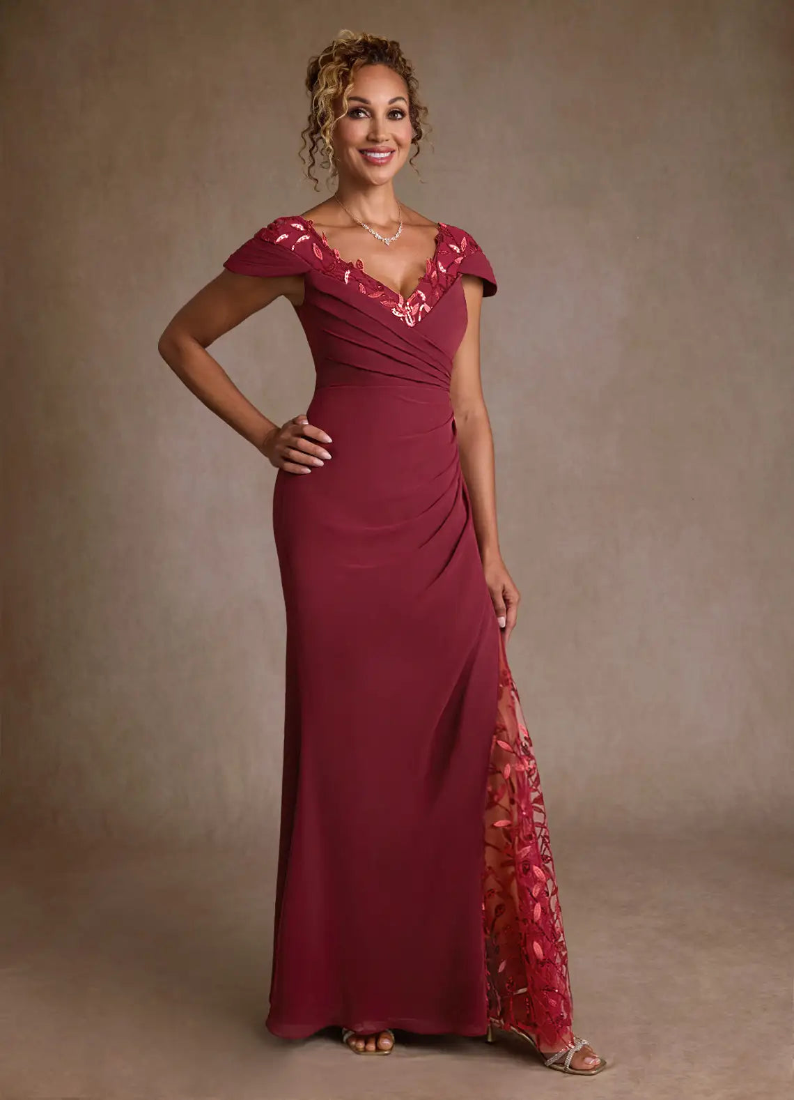 Elegant Sheath V Neck Chiffon Maxi Dress Sequin Lace Mother of the Bride Dress
