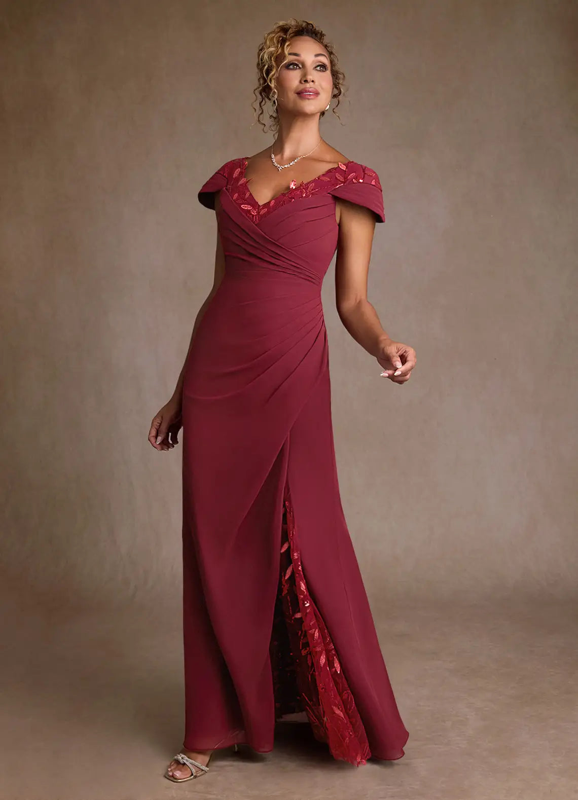 Elegant Sheath V Neck Chiffon Maxi Dress Sequin Lace Mother of the Bride Dress