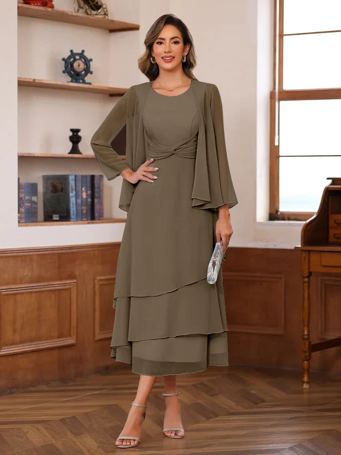 Two Piece Scoop Neck Chiffon Midi Twist Front With Ruffles Mother of the Bride Dress