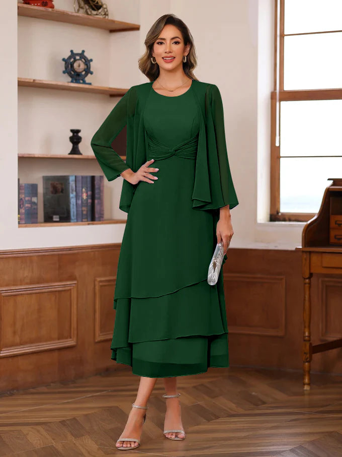 Two Piece Scoop Neck Chiffon Midi Twist Front With Ruffles Mother of the Bride Dress
