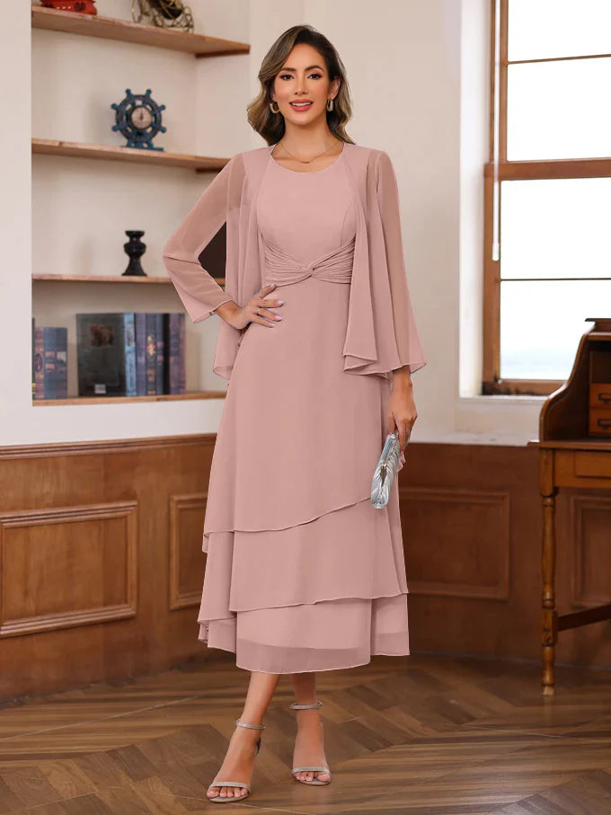 Two Piece Scoop Neck Chiffon Midi Twist Front With Ruffles Mother of the Bride Dress