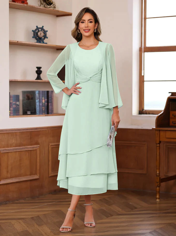 Two Piece Scoop Neck Chiffon Midi Twist Front With Ruffles Mother of the Bride Dress