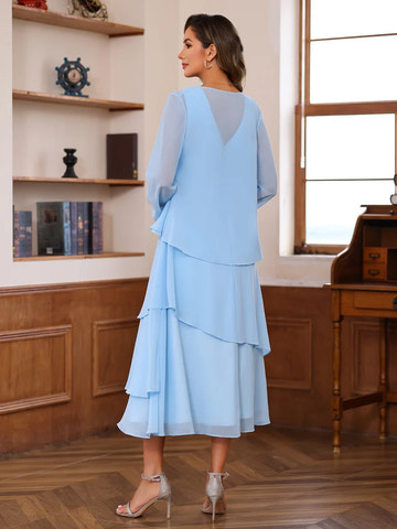 Two Piece Scoop Neck Chiffon Midi Twist Front With Ruffles Mother of the Bride Dress