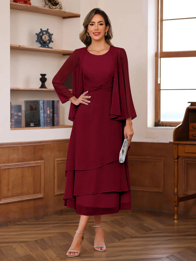 Two Piece Scoop Neck Chiffon Midi Twist Front With Ruffles Mother of the Bride Dress