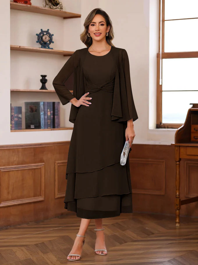 Two Piece Scoop Neck Chiffon Midi Twist Front With Ruffles Mother of the Bride Dress
