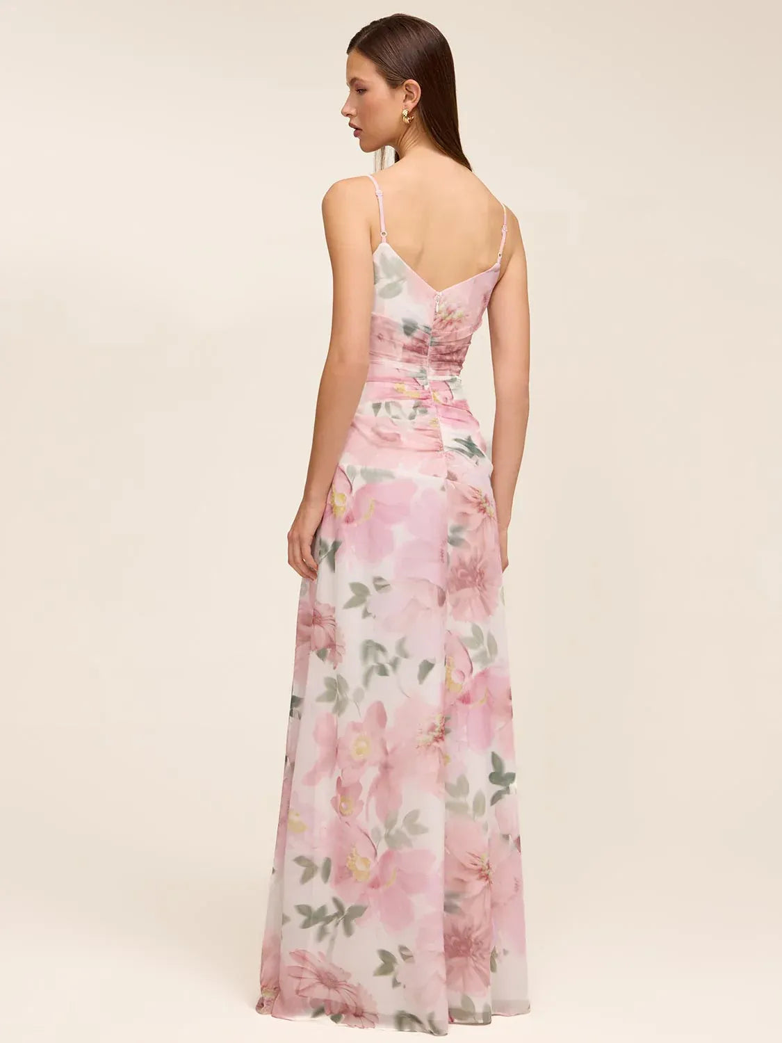 Elegant Chiffon Sleeveless Maxi Spaghetti Strap Floral Ruffle Slit Evening Dress