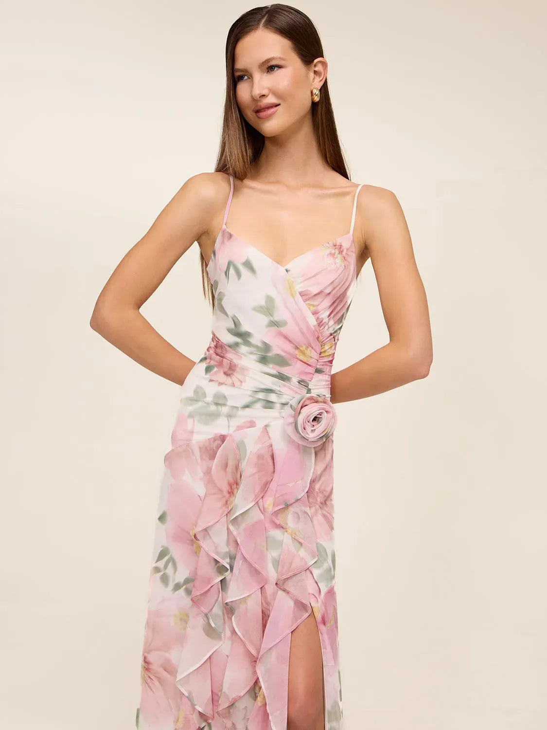 Elegant Chiffon Sleeveless Maxi Spaghetti Strap Floral Ruffle Slit Evening Dress