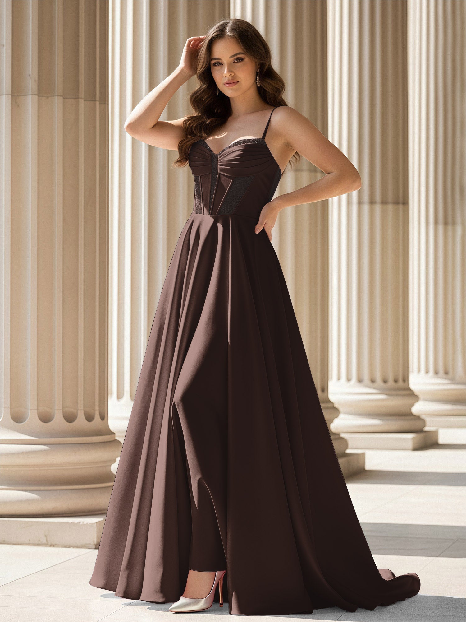 Spaghetti Strap Burgundy Satin A-Line Evening Gown with Corset Bodice Formal Prom Wedding Party Dress