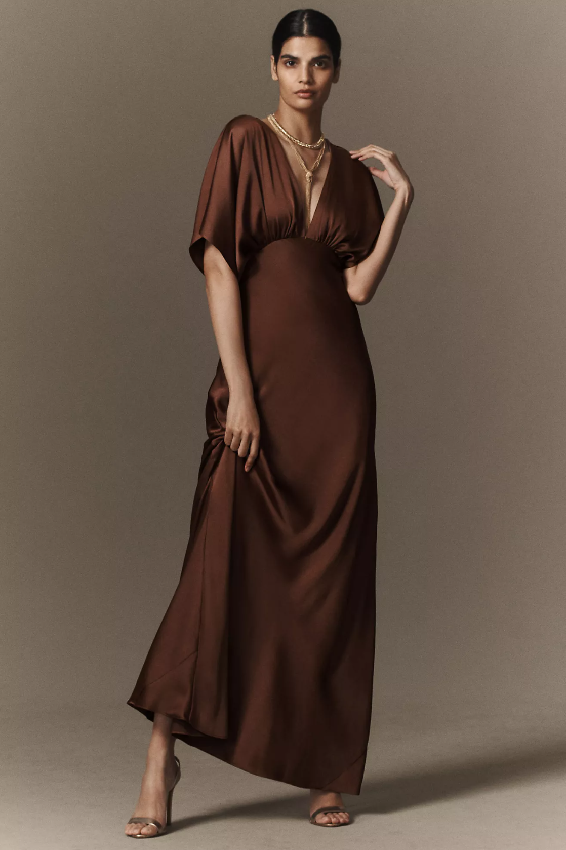 Women's Elegant V-Neck Satin Charmeuse Maxi Dress Short Sleeves Party Wedding Guest Bridesmaid Dresses