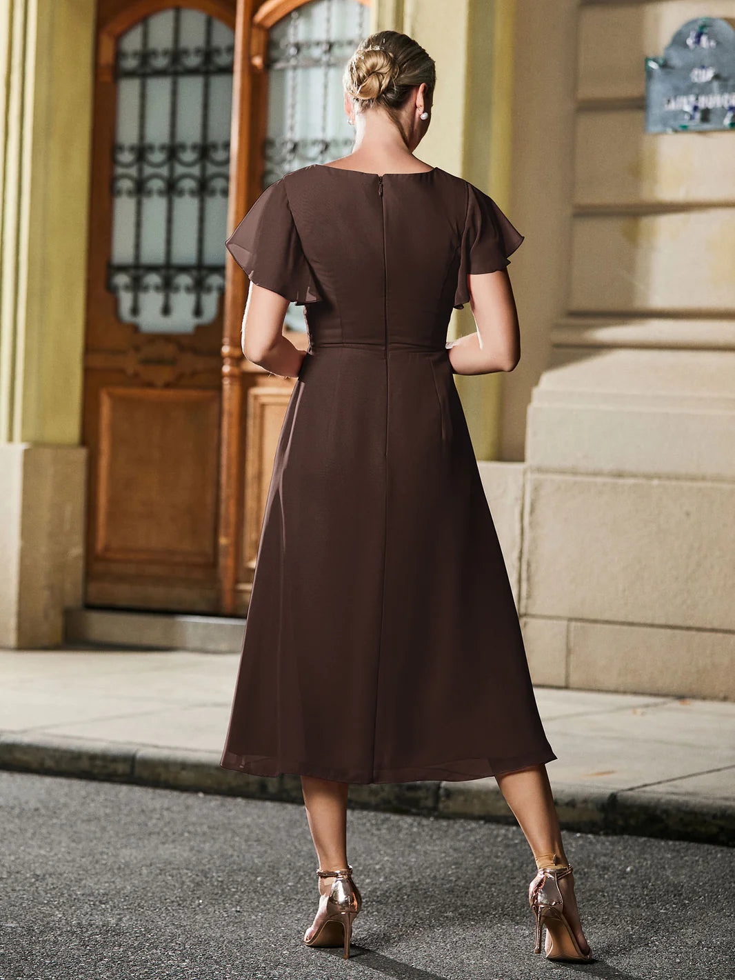 Chiffon Midi Dress - V-Neck Ruffle Sleeve A-Line Tea Length Cocktail Dress