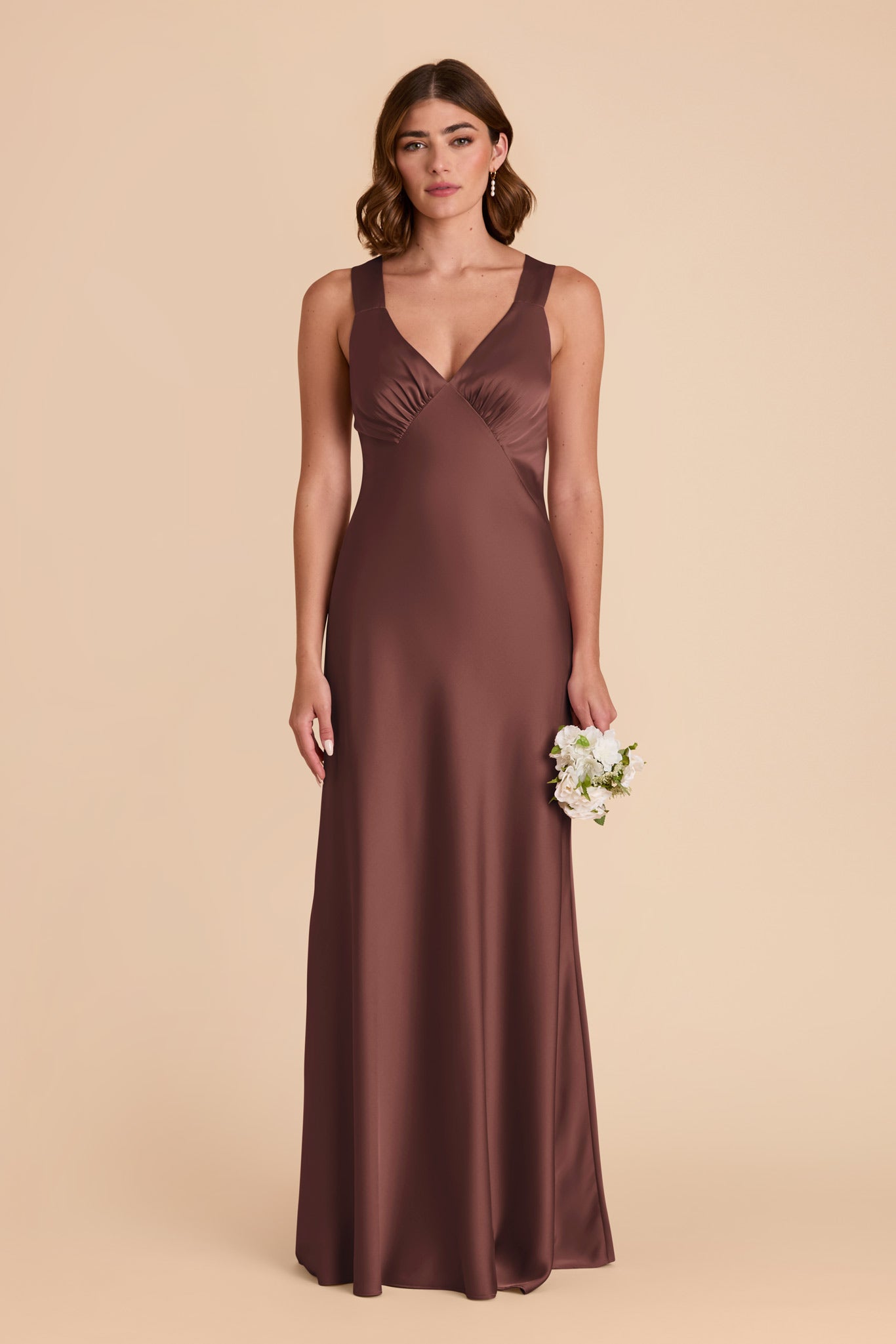 Women's Satin V-Neck Bridesmaid Dresses Maxi Dress with Crisscross Back Straps & Ruched Bust Formal Evening Gown