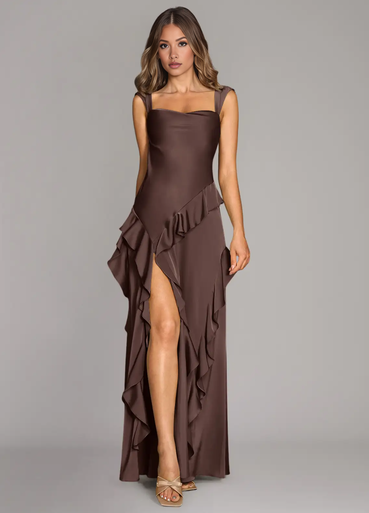Women's Satin Square Neck Maxi Dress with Dramatic Cascading Ruffle Bridesmaid Dresses Maxi Formal Evening Gown