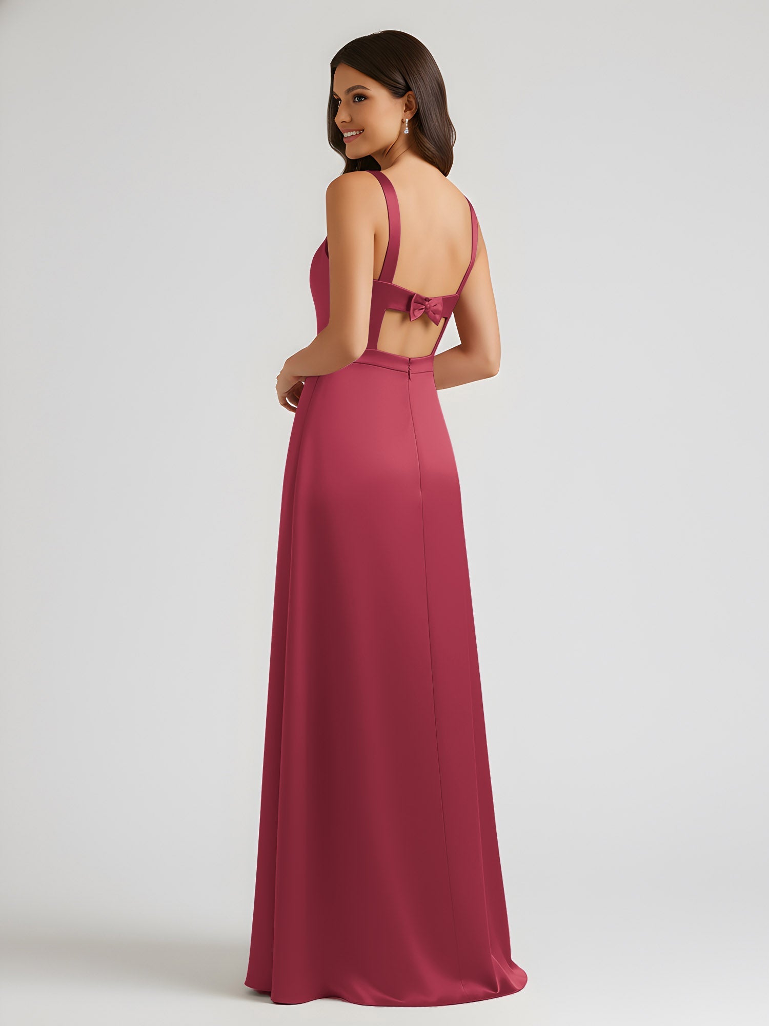Vestidos de fiesta de graduación de satén, vestido largo formal, cuello cuadrado asimétrico con detalle de lazo, para invitadas de boda y ocasiones especiales