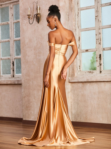 Satin Off-the-Shoulder Formal Gown Ruched Bodice High Slit Mermaid Maxi Dress with Sweep Train for Wedding Guest and Evening Events