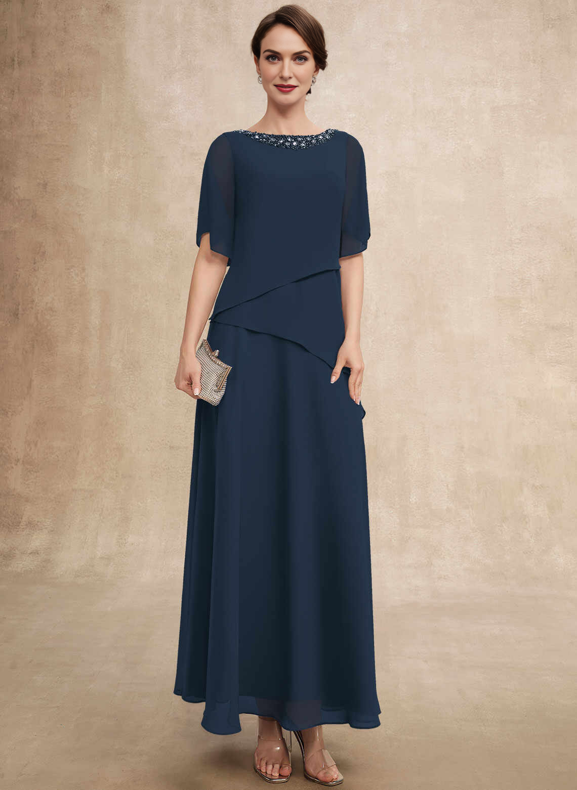 Vedress Navy Beaded Boat‑Neck Flutter Sleeve Chiffon Mother Dress Front View