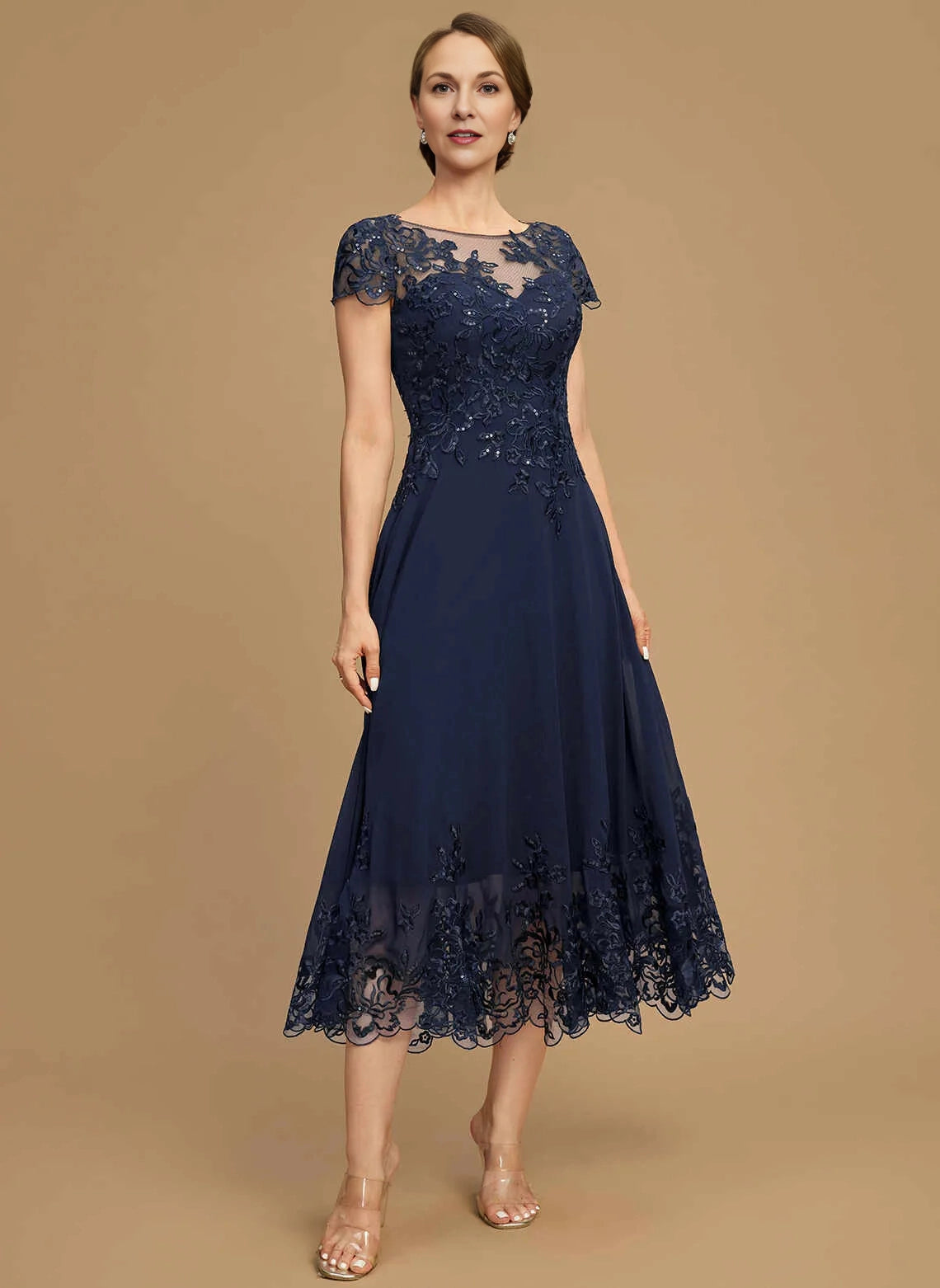 Vedress Navy Illusion Neck Cap‑Sleeve Lace Chiffon Midi Mother Dress Front View