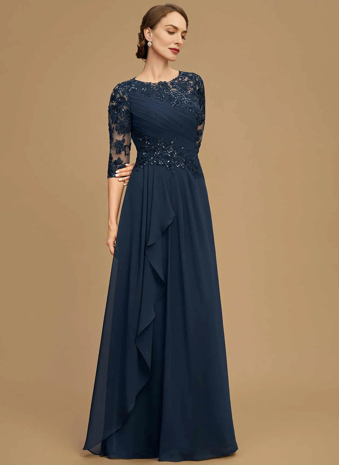 Vedress Navy Round Neck 3/4‑Sleeve Lace Chiffon Mother Dress Front View